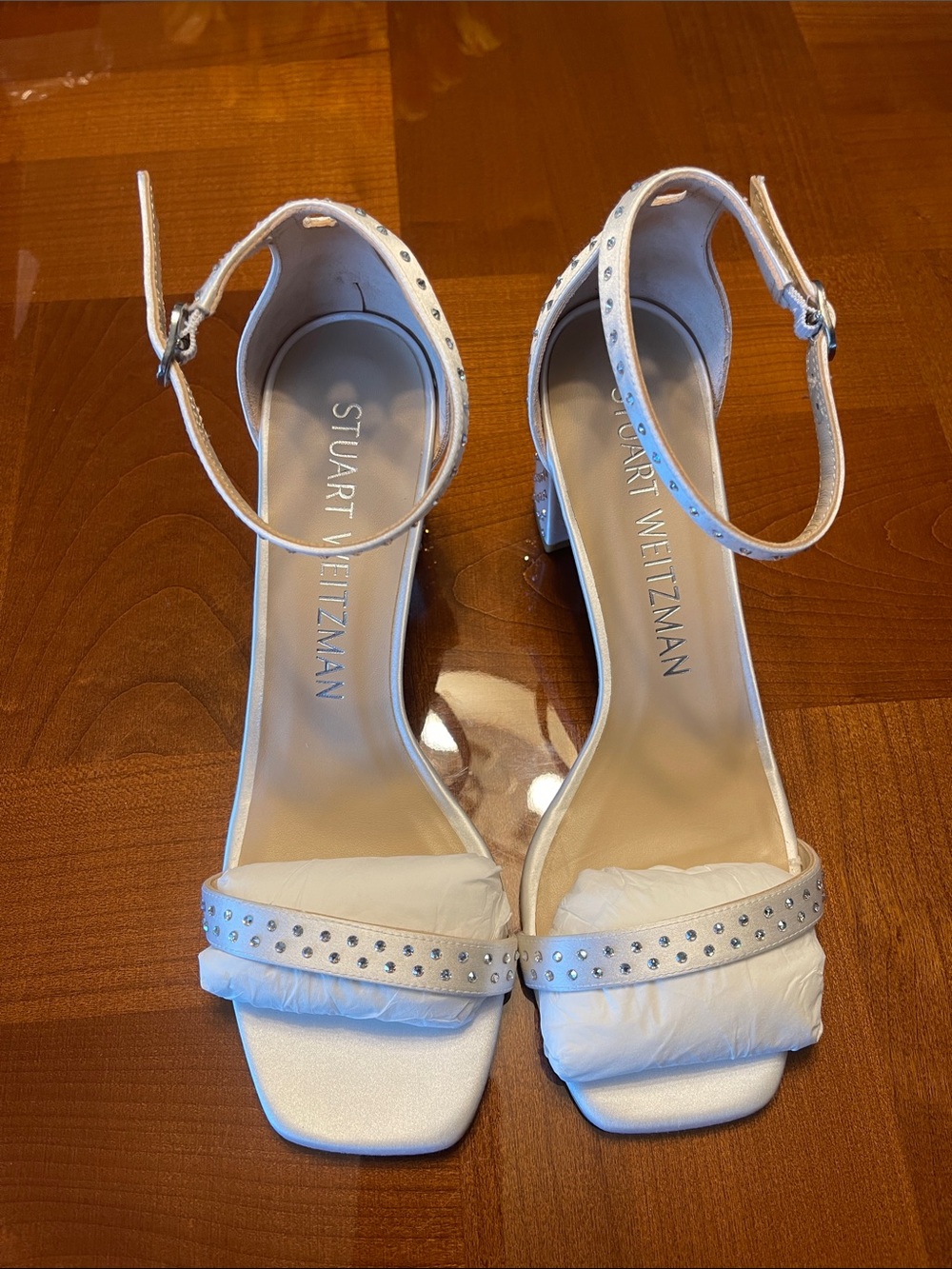 Stuart Weitzman White Rhinestone Ankle-Strap Heels